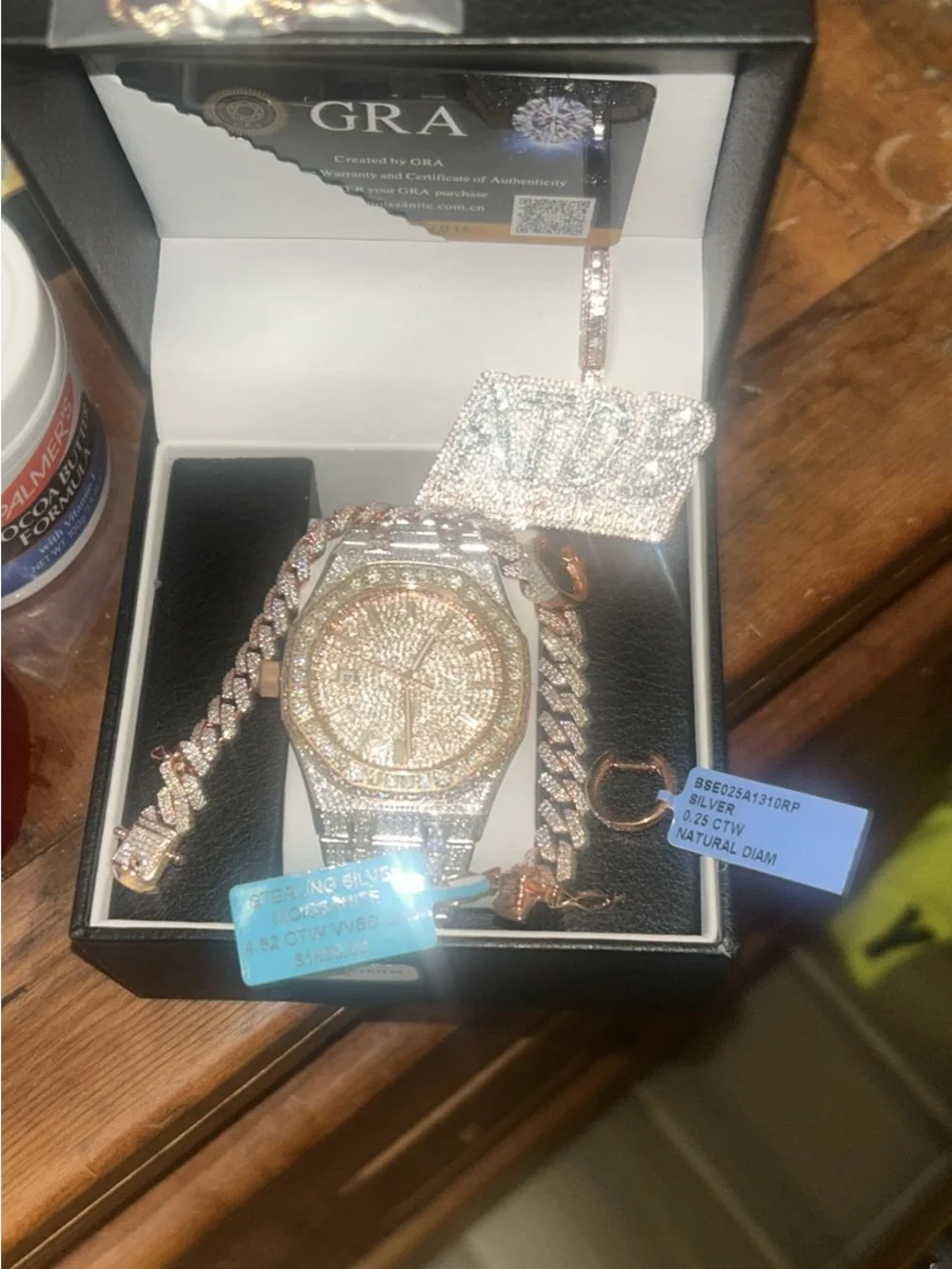 Luxury Rose Gold & Silver Men's Iced-Out Watch and Chain Set and diamond earring